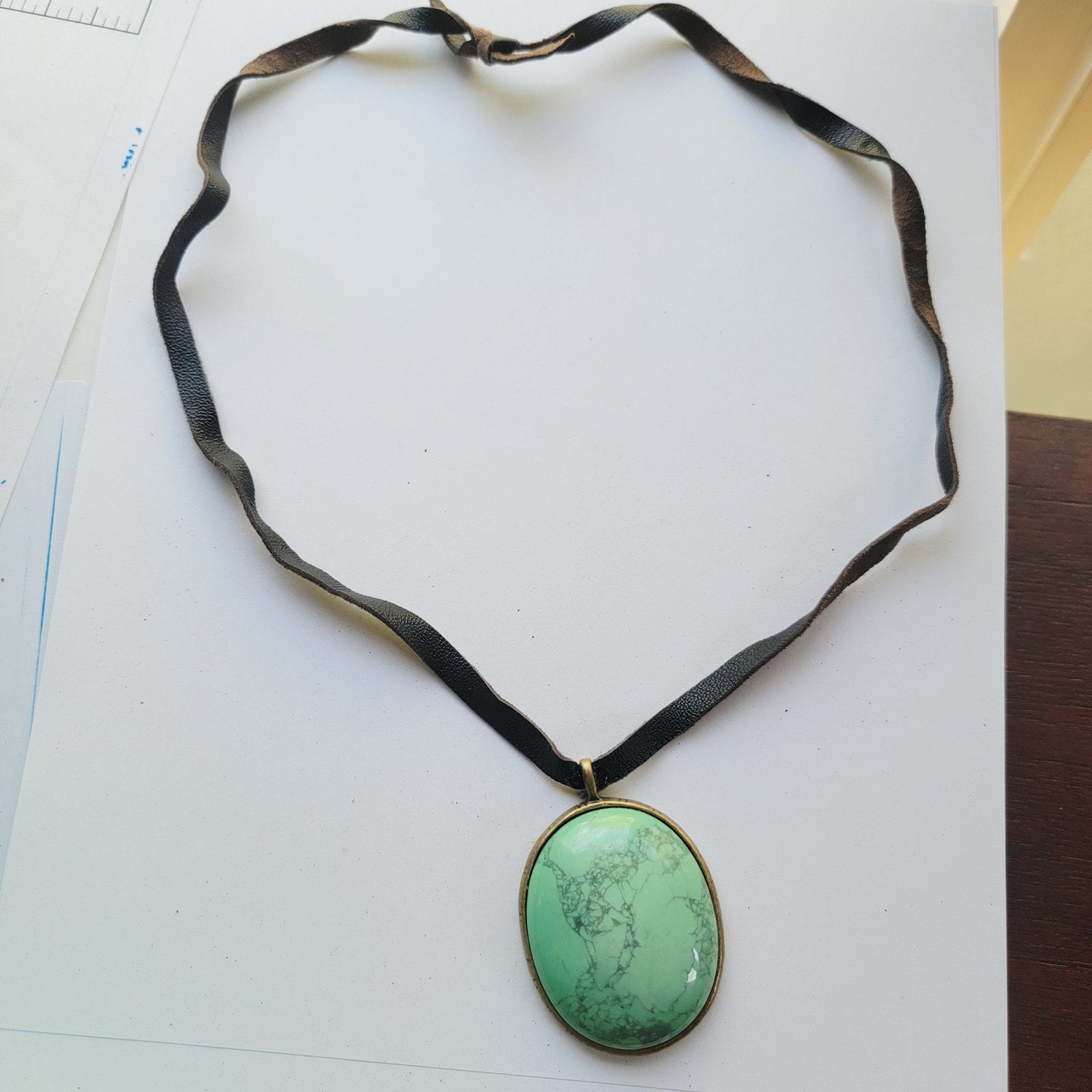 Vintage Green Turquoise Oval Pendant Necklace On Black Ribbon Cord Brass Tone 45$